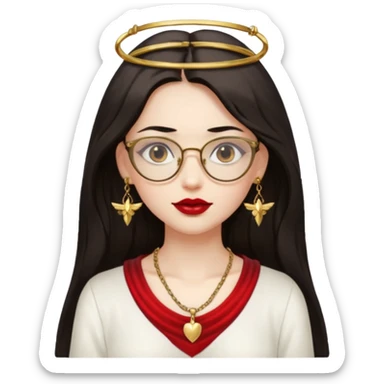 Angel girl with eyeglasses and long dark hair with red lipstick  and push gold necklaces and dark eyes sticker