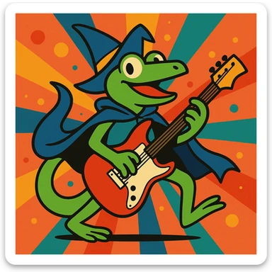 cartoon lizard playing an electric guitar, wearing a wizard hat and cape, referencing King Gizzard and the Lizard Wizard, energetic and fun sticker