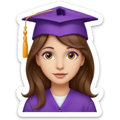 beautiful  woman normal skin with wavy long long brown hair and hazel eyes with purple school hat sticker