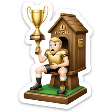 A "I STINK AT FANTASY FOOTBALL" trophy featuring an outhouse-shaped figure with legs on a metallic base - perfect for commemorating league losers.​​​​​​​​​​​​​​​​ sticker