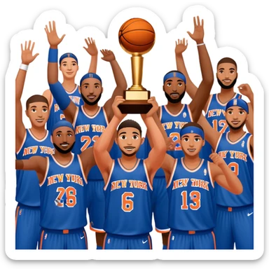 New York Knicks basketball team winning NBA championship trophy, celebration, blue and orange colors sticker