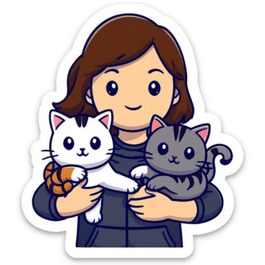 tan brown-haired girl holding two cats, one black cat and one grey-striped cat sticker