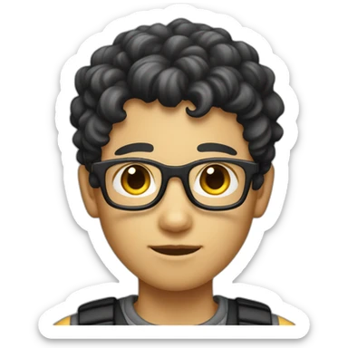 a fair-skinned boy with short-cut sides and a curly top with white glasses and a black cat iOS emoji sticker