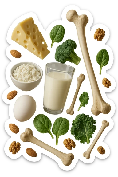 latticini, verdure a foglia verde, frutta secca fluttuano in aria insieme ad ossi umani realistici, iperrealistici 4k sticker