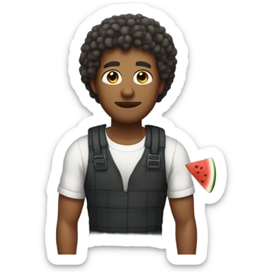 dude with curly short hair with a lite beard holding a watermelon and fried chicken in a prisoner outfit sticker