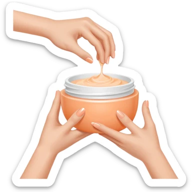 Minimal emoji of 2 hands gently applying skincare cream, soft nude and peach tones, clean beauty aesthetic, calm and elegant, subtle glow sticker