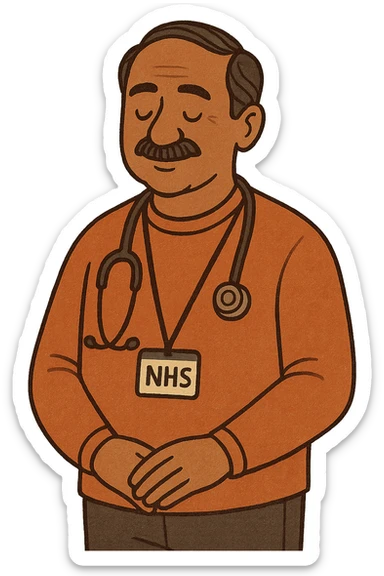 A caring middle aged indian male doctor with a stethoscope with a lanyard badge which reads 'NHS' He is standing sticker