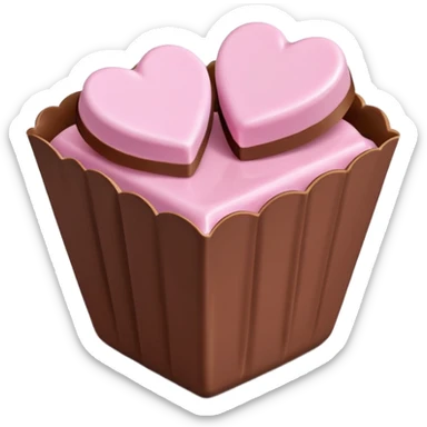 Two square milk chocolate , Each praline is a sharp-edged cube with smooth glossy chocolate coating, placed in a small white fluted paper candy cup. On top of each cube is a flat pastel pink heart-shaped icing sticker