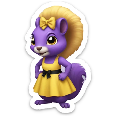 purple squirrel in a yellow dress with a black bow sticker