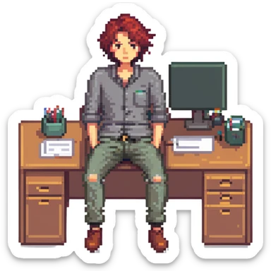 character with an indifferent expression, hands in pockets, slouched posture, sitting at an office desk sticker