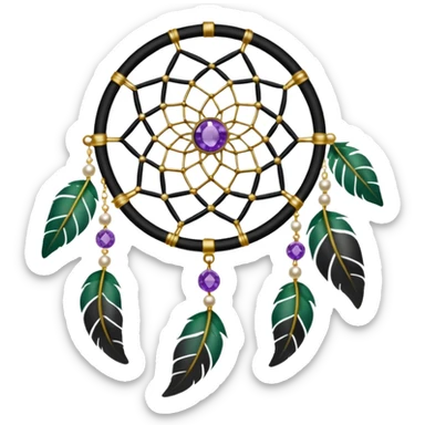 Black and white dreamcatcher with amethyst crystals, gold pearls, and green plants sticker