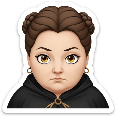 Alecto Carrow in harry potter, a white fat woman , one knot bun brown hair, look evil, black cloak sticker