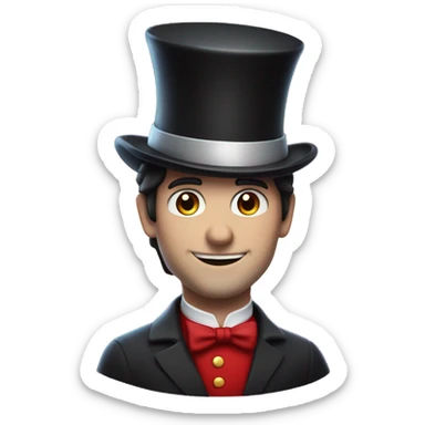 A man with dark hair, white skin, wearing red and a top hat, having sparkle as magic next to him  sticker