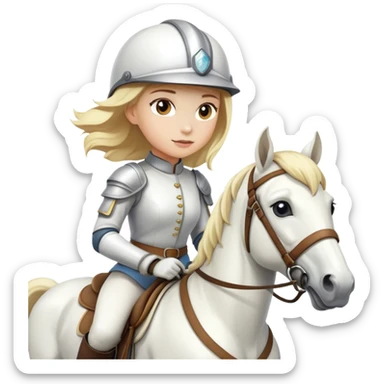 Girl with blonde hair riding a white horse with a helmet sticker