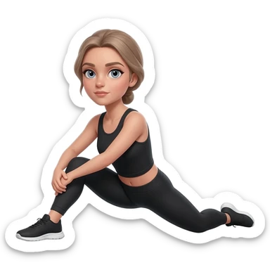 standing quad stretch holding one foot, fair-skinned woman, gray-blue eyes, ash brown brows, ash light brown hair tied back, slim athletic body, black workout set, black sneakers with white soles sticker