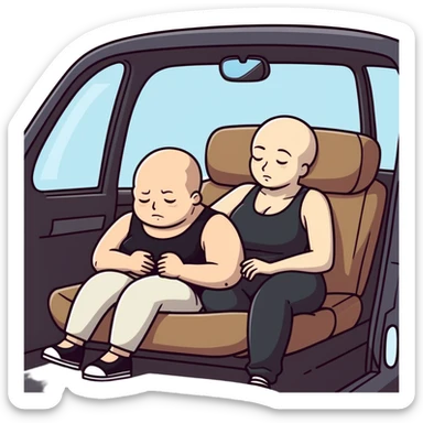  One Caucasia woman with brown hair and big boobs,  a black tank top and pants with her head on a bald man's lap in car sticker