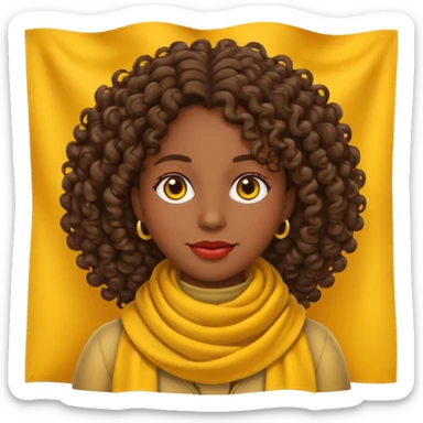 woman emoji with dark skin and curly hair, no earrings, no necklaces, no jewelry, wearing yellow Pathfinder scarf, apple emoji style, transparent background sticker