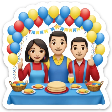 party table decorated with red blue and yellow colors, including a backdrops, balloons arch, streamers and more. On the table are intricate displays of colombian arepas, and baskets of money. In the forefront is a woman and man in simple clothing, big smiles and big thumbs up sticker