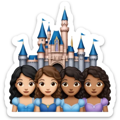 Quiero que crees una imagen donde este el castillo de Disney y por detrás o delante pon a quatro chicas: una con el pelo largo rizado marrón , otra con el pelo muy corto negro, otra con el pelo mediano liso marrón y otra con el pelo negro largo liso sticker