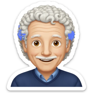Old white man with curly white hair, hazel eyes, no mustache sticker