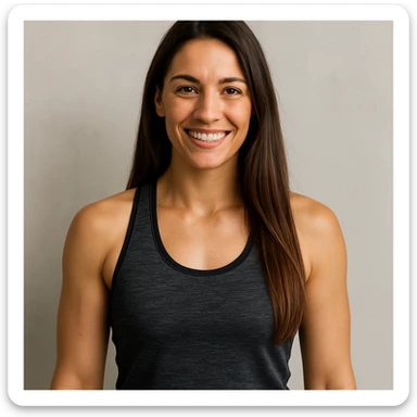 sportliche Frau mit langen braunen Haaren, lächelt, neutraler Hintergrund, Oberkörper, moderne Kleidung sticker