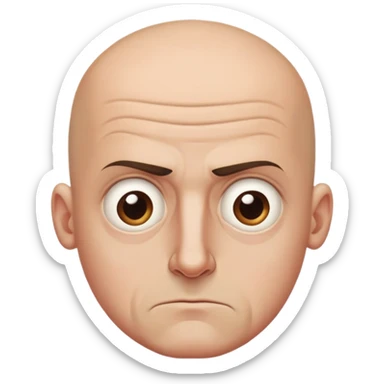 Steven Miller, bald, scowling expression, narrow rectangular head, bottom lip sticking out, eyelids almost closed and lower on the outside sticker