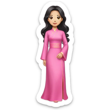 asian girl with fair lips, wavy black hair posing with pink ao dai full body sticker