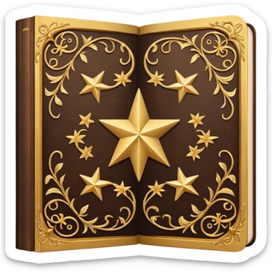 An open, ornately decorated book rendered in a highly detailed. The book's cover, framed with a broad, golden border, is a rich, dark brown, embellished with intricate golden filigree designs, including scrolling vines and decorative stars. sticker