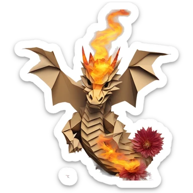 Charred flaming fiery Beige Origami dragon made of newspapers on fire letters on fire burnt paper surrounded by fairy lights swirls covered in dried flowers bokeh floral flowers fire flames sticker