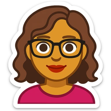 emoji de mujer linda de tez morena clara, rostro redondo u ovalado, ojos marrones, cabello ondulado marrón, labios medianos y gafas, estilo cartoon colorido sticker