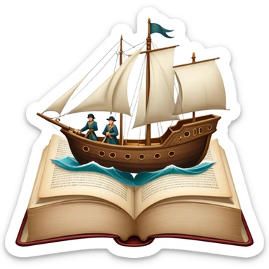 Icon for Reading Fiction: a large open book with pages turning, Musketeers on horseback, Sherlock Holmes and other literary elements, a sailboat sailing across the pages. The icon should evoke the adventurous spirit of storytelling. Transparent background. sticker