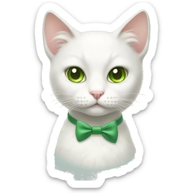 white cat with amber and green eyes and a bow sticker