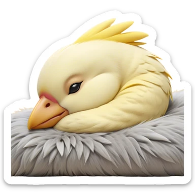 Meme-Worthy Cute Sleeping Cockatiel Portrait Emoji, Head resting peacefully with a contented smile, showcasing a delicate, slender build and a luxuriously soft grey fur with gentle yellow accents, eyes shut in a serene nap, Simplified yet hilariously adorable features, highly detailed, glowing with a soft, drowsy light, high shine, relaxed and utterly lovable, stylized with an air of playful laziness, bright and heartwarming, soft glowing outline, capturing the essence of a comically sleepy cockatiel, so meme-worthy it feels like it could instantly become the next viral sensation of adorable slumber! sticker