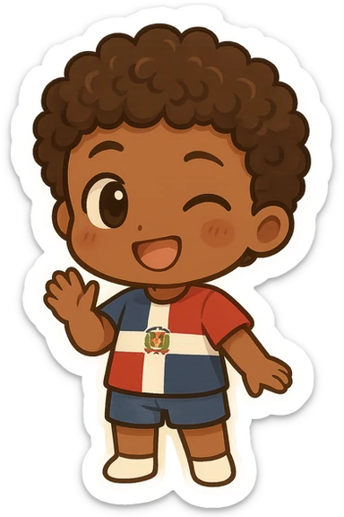 chibi emoji of a Dominican character with curly hair and brown skin, winking sticker