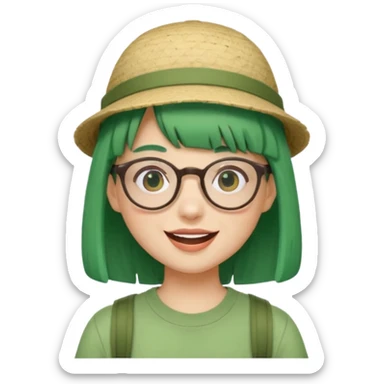 bangs, cute tourist hat, green hair very happy and glassess sticker