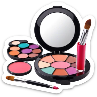 A photorealistic icon featuring makeup brushes, a lipstick being applied, an eyeshadow palette with colors in use and a compact mirror reflecting a half-done makeup look. The design captures the artistry and process of makeup with bright and realistic textures. Transparent background. sticker