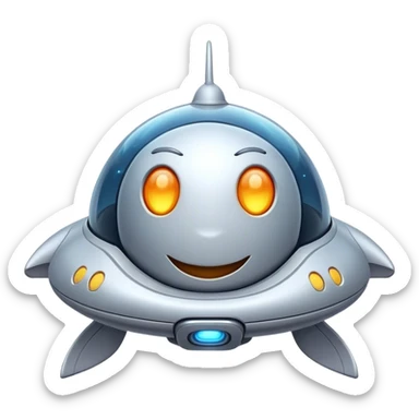 Design a simple, friendly spaceship with a smooth, rounded shape. Add a clear 'face' on the front using glowing lights for eyes and a curved line for a smile, giving it personality. Use a plain background to keep the focus on the ship. sticker
