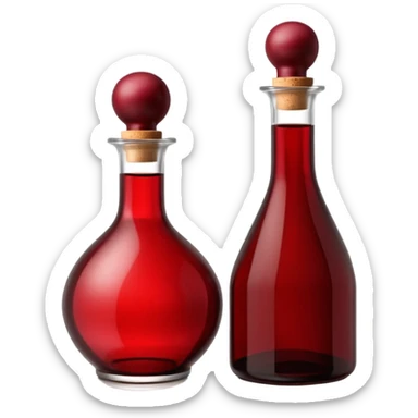 Red wine vinegar and oil bottles, elegant glass, dark brown to ruby, round or square base, slender neck, cork or metallic cap, dark glass, reflections, 3D clean style, transparent background, optimized for emoji size sticker