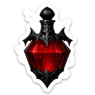gothic vampire drink elixir bottle, dark red color, black and silver ornate details, ultra sharp edgy facets, extra intense magical glowing and sparkling effects, very small neck, seamless bottom, transparent background, floating, no base or shadow, modern, matching a collection sticker