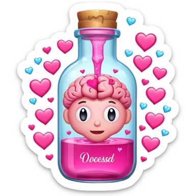 A cartoon brain inside a cute glass bottle with pink liquid, labeled “obsessed”, with hearts and sparkles swirling around. sticker