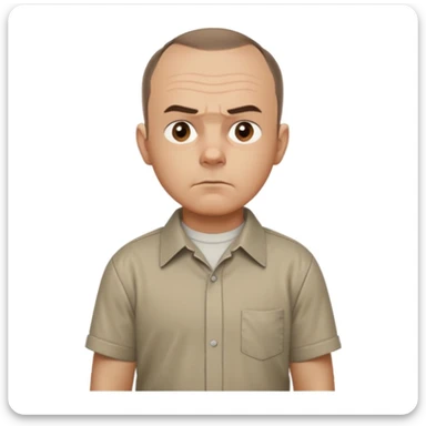 Carl from Sling Blade, serious expression, recognizable features, chin sticking out, slouching posture, no glasses, shirt with collar,  side view,show his entire body, he is standing. we see him from the side. Not frontal view. Side view. He sticks his head forward sticker