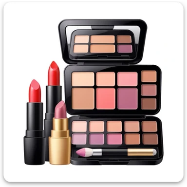 makeup products all together in one piece of png, lipstick, blush, powder, etc sticker