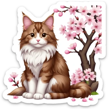 A cute  little  brown and white Maine coon and cherry blossom sticker