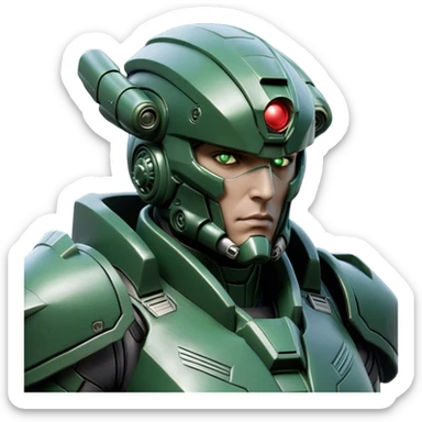 Cinematic Realistic StarCraft Terran Marine Portrait, head tilted epicly and inquisitively, showcasing a commanding presence and battle-hardened spirit. His steely gaze, set against intricately engineered tactical armor in dark green and grey, is rendered with lifelike clarity and dramatic lighting, high shine, epic and awe-inspiring, embodying the futuristic valor of a Terran warrior. sticker