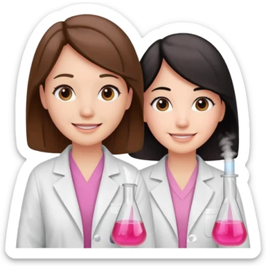 cientificas con blusa rosa y bata blanca felices, una chica con pelo marrón y otra chica con pelo negro sticker