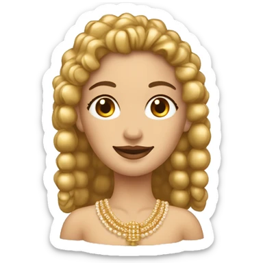 Mujer con rulos y flequillo que tiene pendientes de perlas y un colgante en el cuello dorado sticker