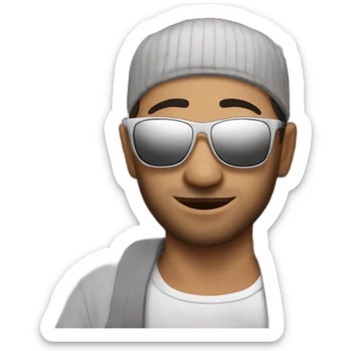 Muslim men with sunglasses take Tunisia flag sticker