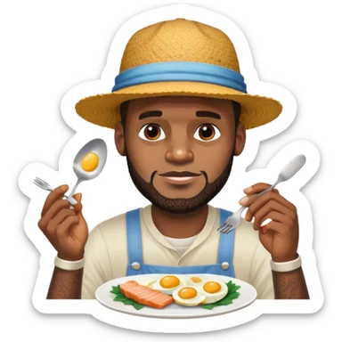 LeBron James with a fork, eating eggs and fish under bright sunlight sticker