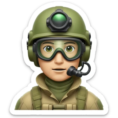 modern soldier in green upgraded equipment, helmet, mask, and night vision goggles, cool and brutal sticker