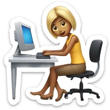 Chica trabajando en la computadora, pelo corto castaño  sticker